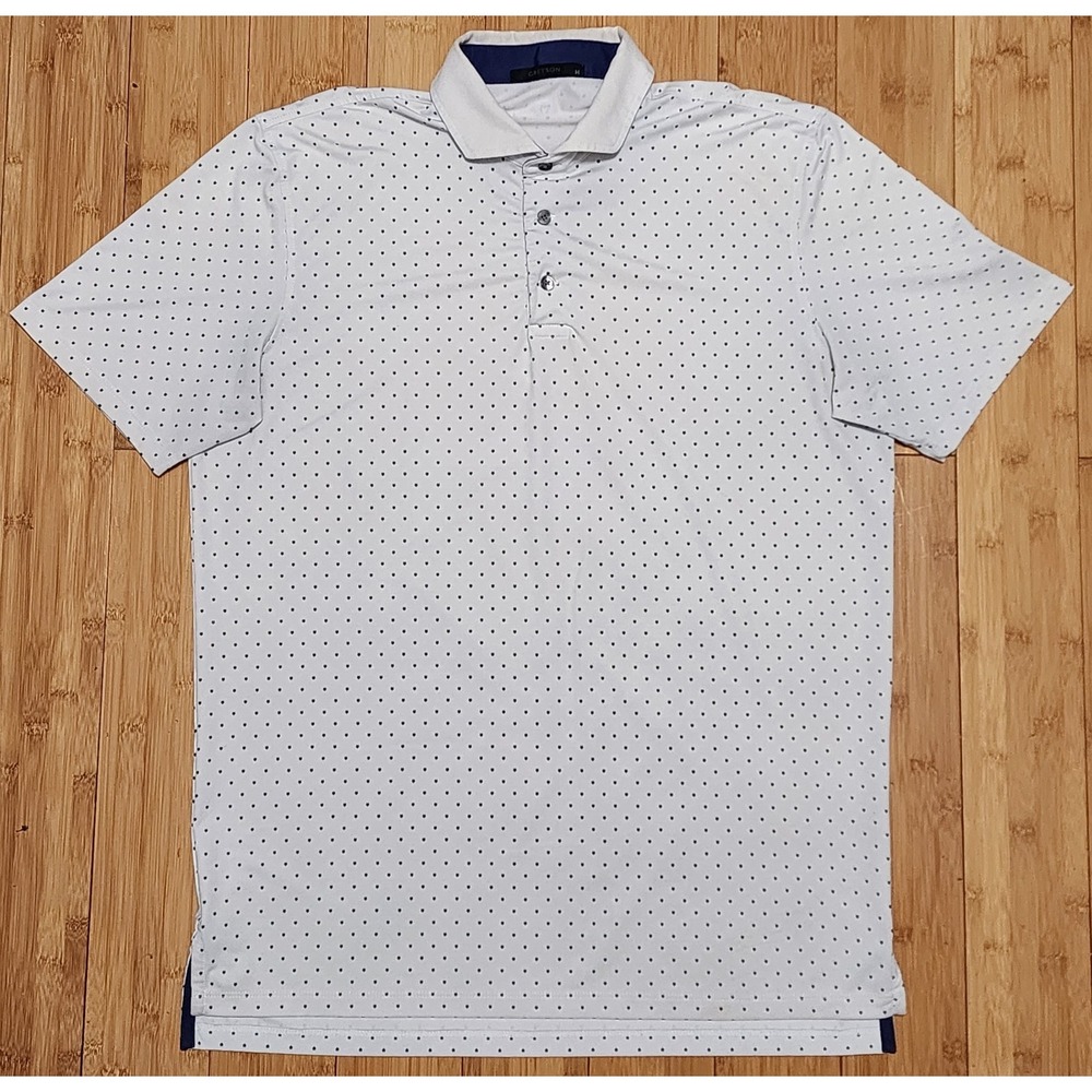 Greyson Polka Dot Polo Shirt Men's Medium White Blue Club Golf Performance Wolf